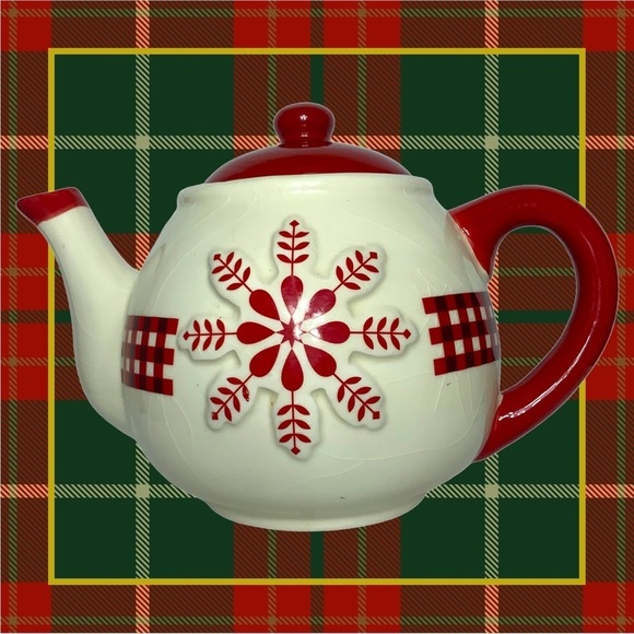 Teapot Folk Art Winter Gingham Buffalo Check Plaid Christmas Retired Red White - Picture 5 of 13